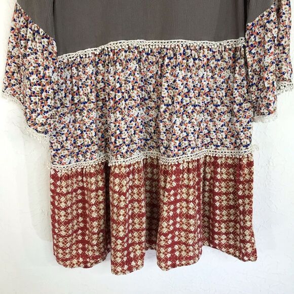 Umgee Womens Tiered Mix Print Floral Boho Tunic Mini Dress Size Small - Picture 4 of 14